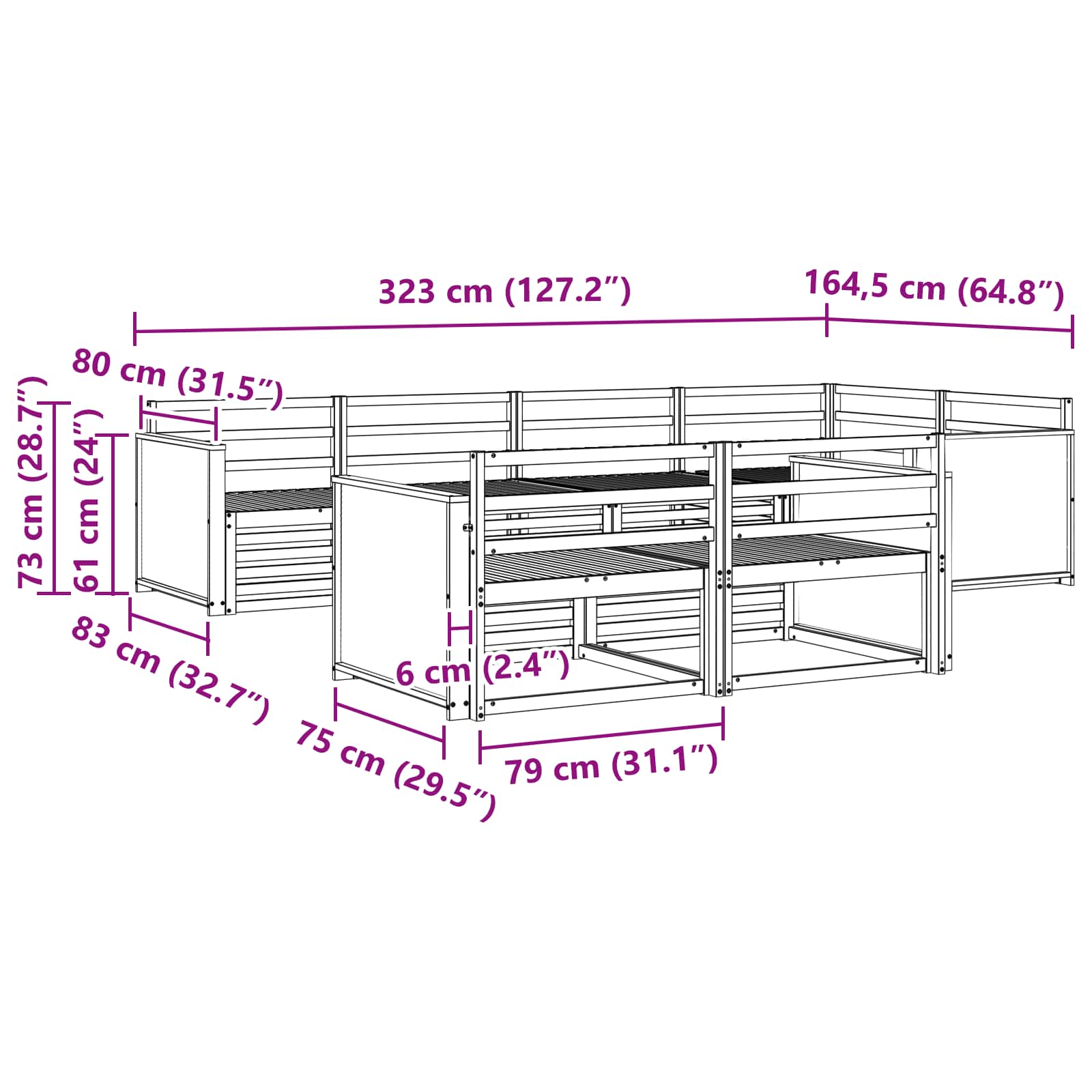 Zunanja garnitura za sedenje 7 pcs Naravna - slika 6