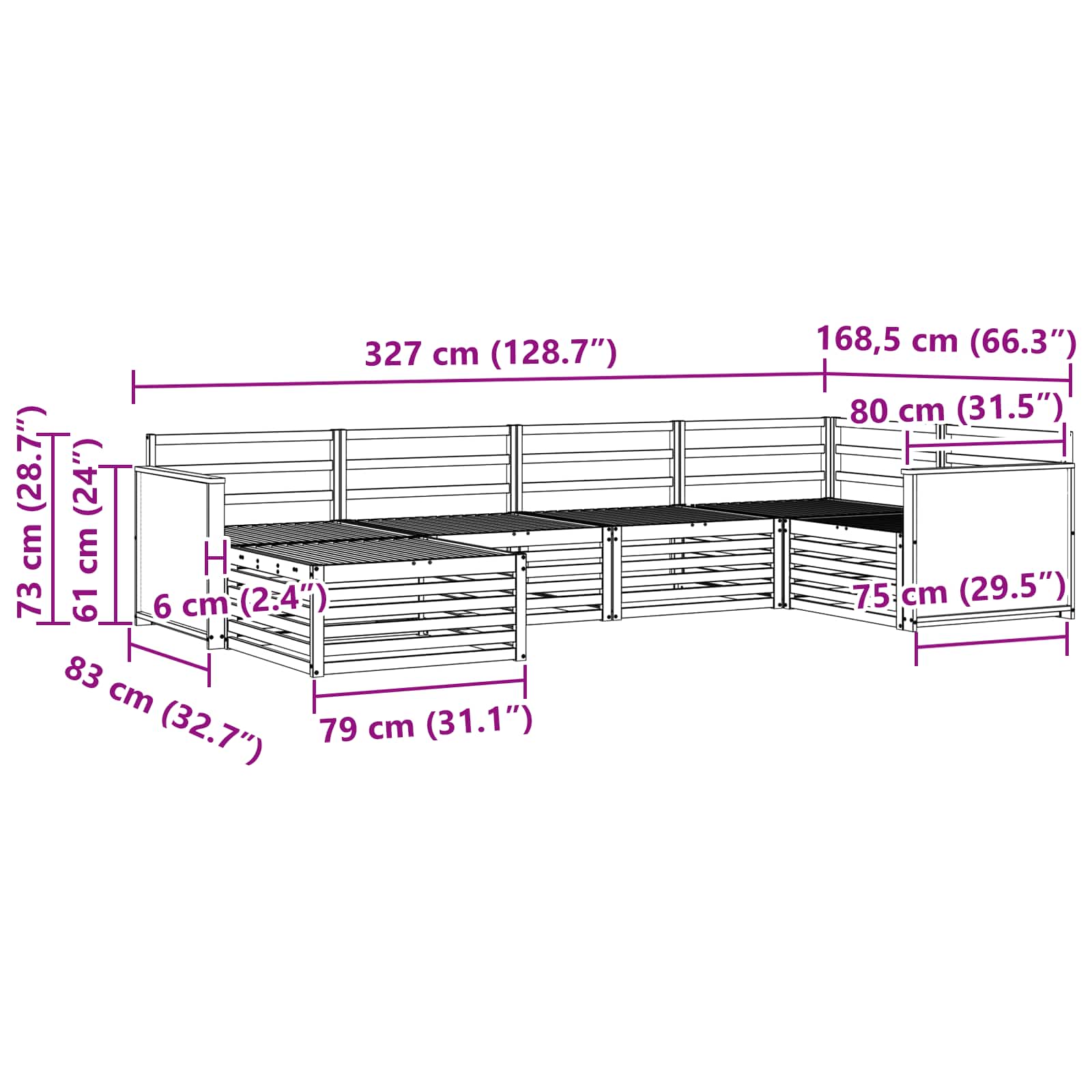 Zunanja garnitura za sedenje 6 pcs Naravna - slika 8