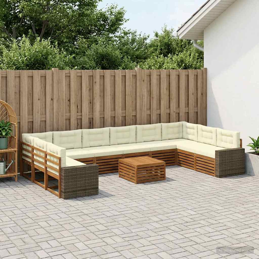 Sofasæt til terrasse med puder - 11 dele i massivt akacietræ