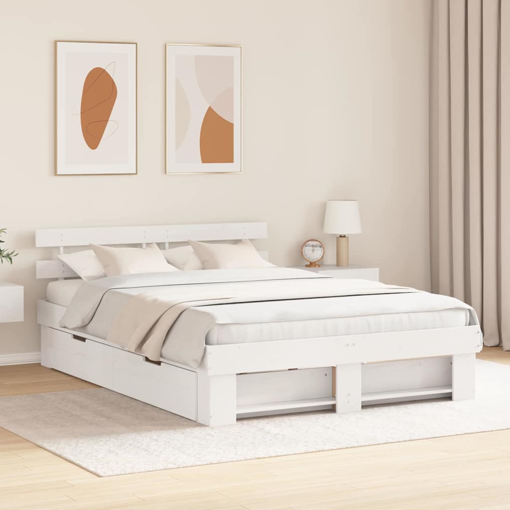 Bedframe met lade met hoofdeinde met opslag Wit 160 x 200 cm Massief grenenhout