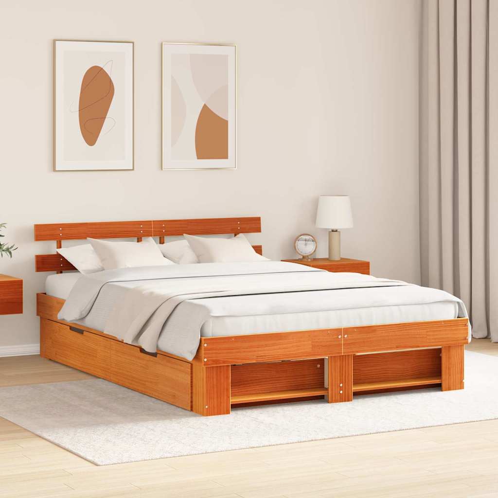 Bedframe met lade met hoofdeinde met opslag Wasbruin 150 x 200 cm Massief hout