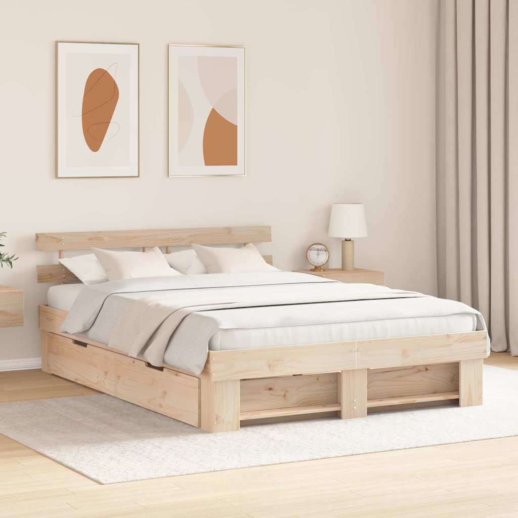 Bedframe met lade met hoofdeinde met opslag Bruin 140 x 200 cm Massief grenenhout