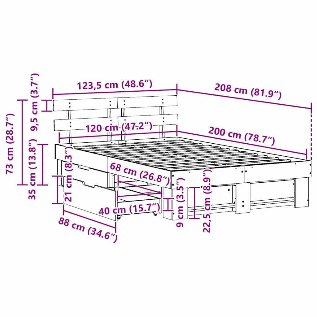 Bedframe met hoofdeinde Bruin 120 x 200 cm Massief grenenhout image 13