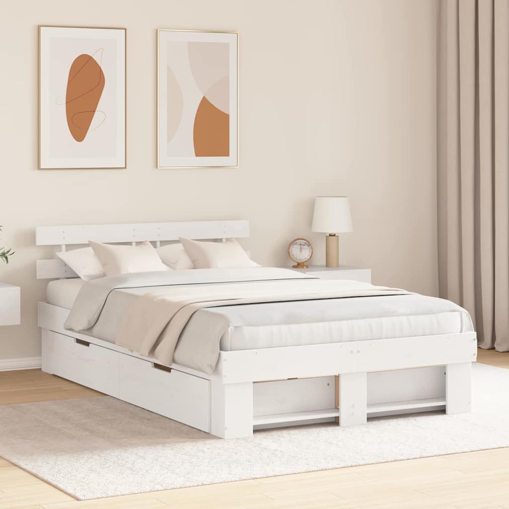 Bedframe met lade met hoofdeinde met opslag Wit 140 x 190 cm Massief grenenhout