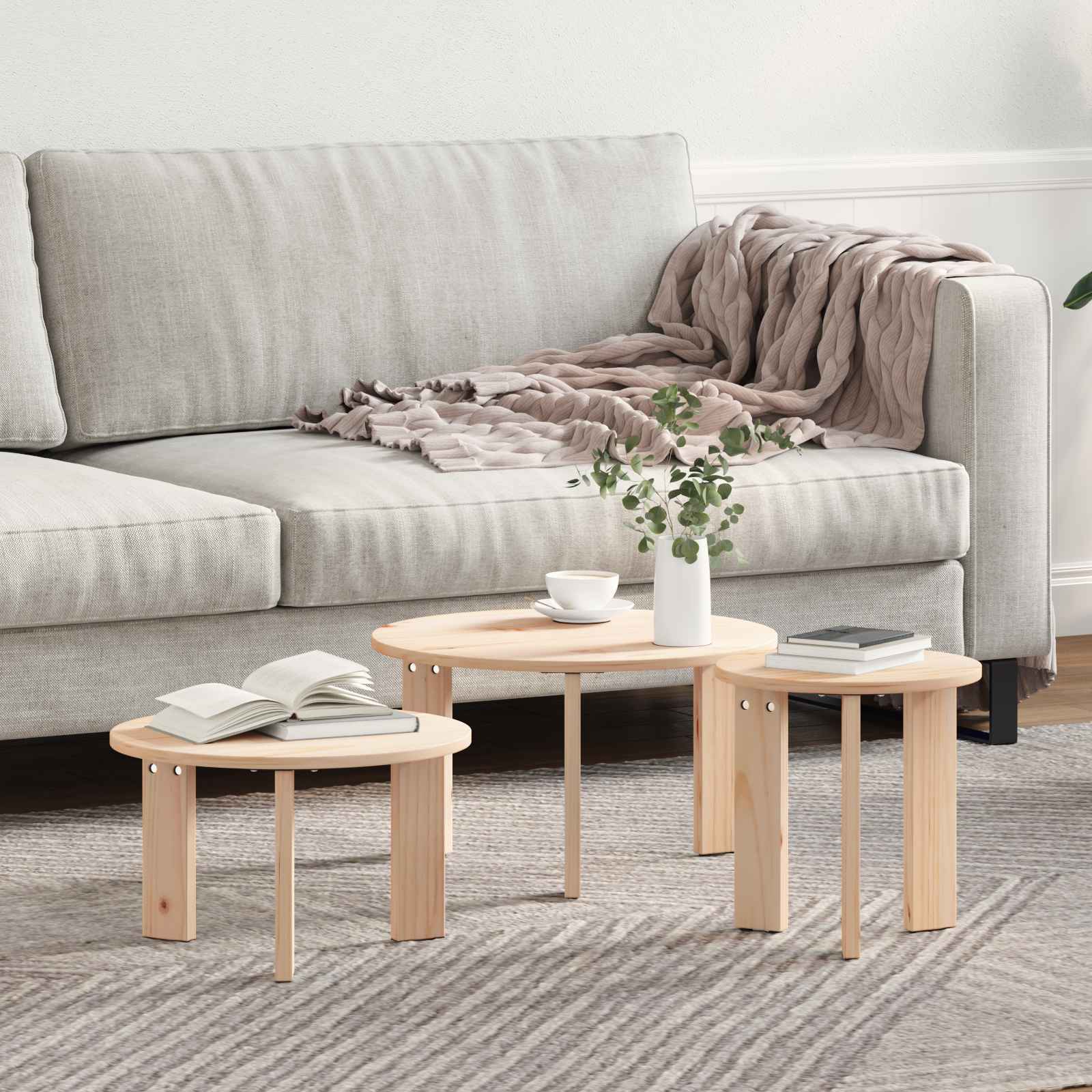 vidaXL Couchtisch 3 pcs Natur Massivholz Kiefer
