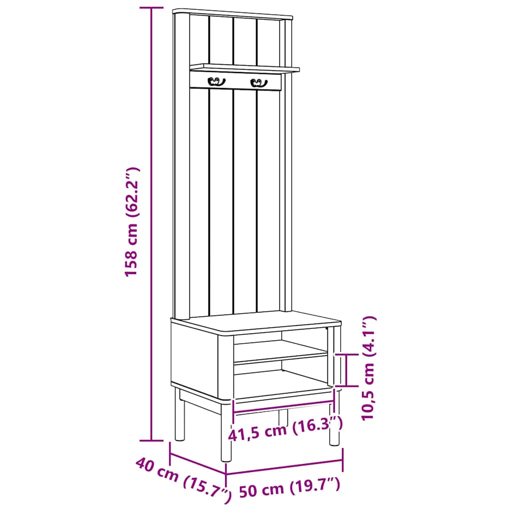 Omara za hodnik FLORO Bela 50 x 40 x 158 cm Masivno borovo les - slika 10