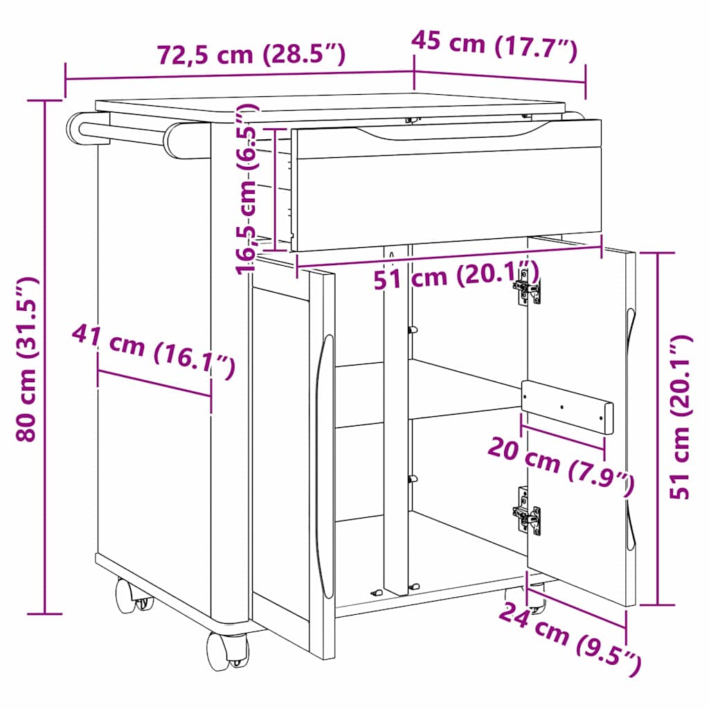 Troler de Bucătărie Alb 72,5 x 45 x 80 cm Lemn de pin masiv [11]