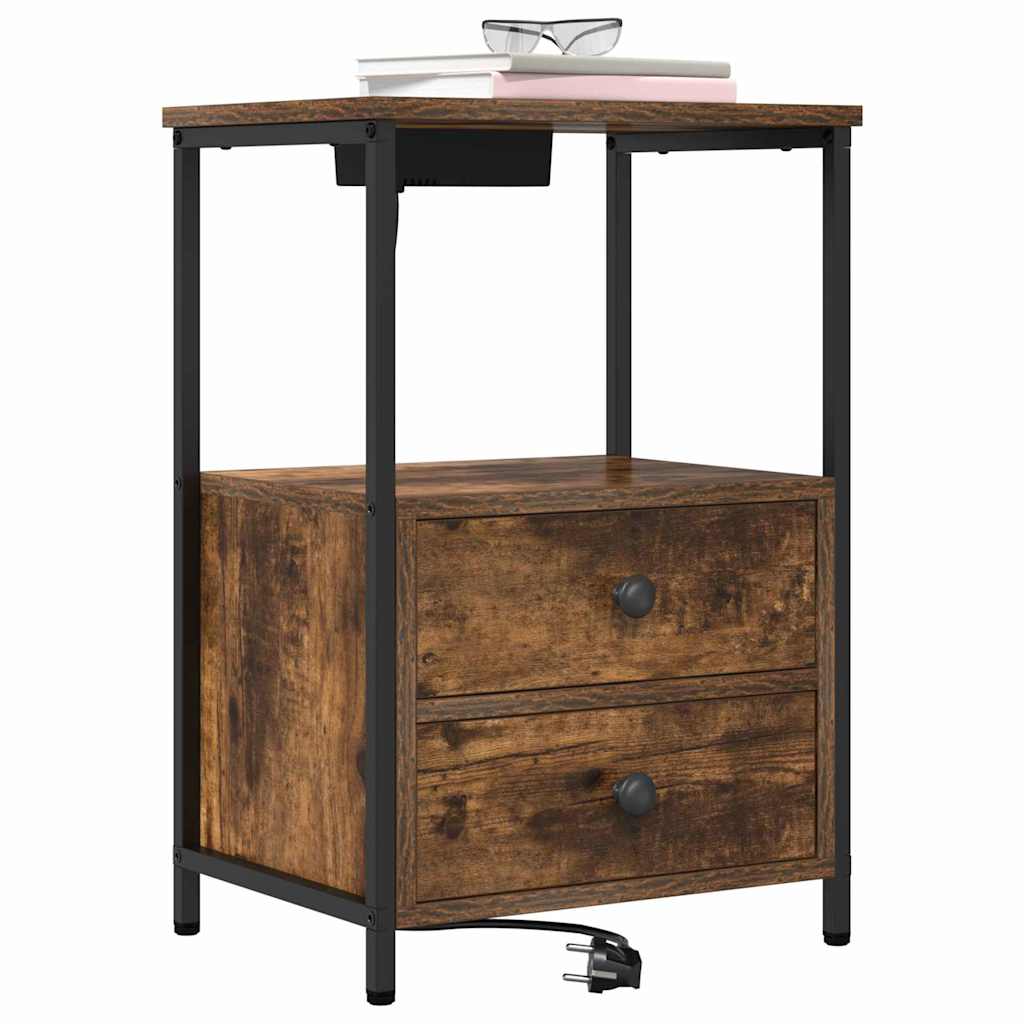 vidaXL Nachtkastje met Oplaadstation 2 pcs Gerookt eiken Bewerkt hout