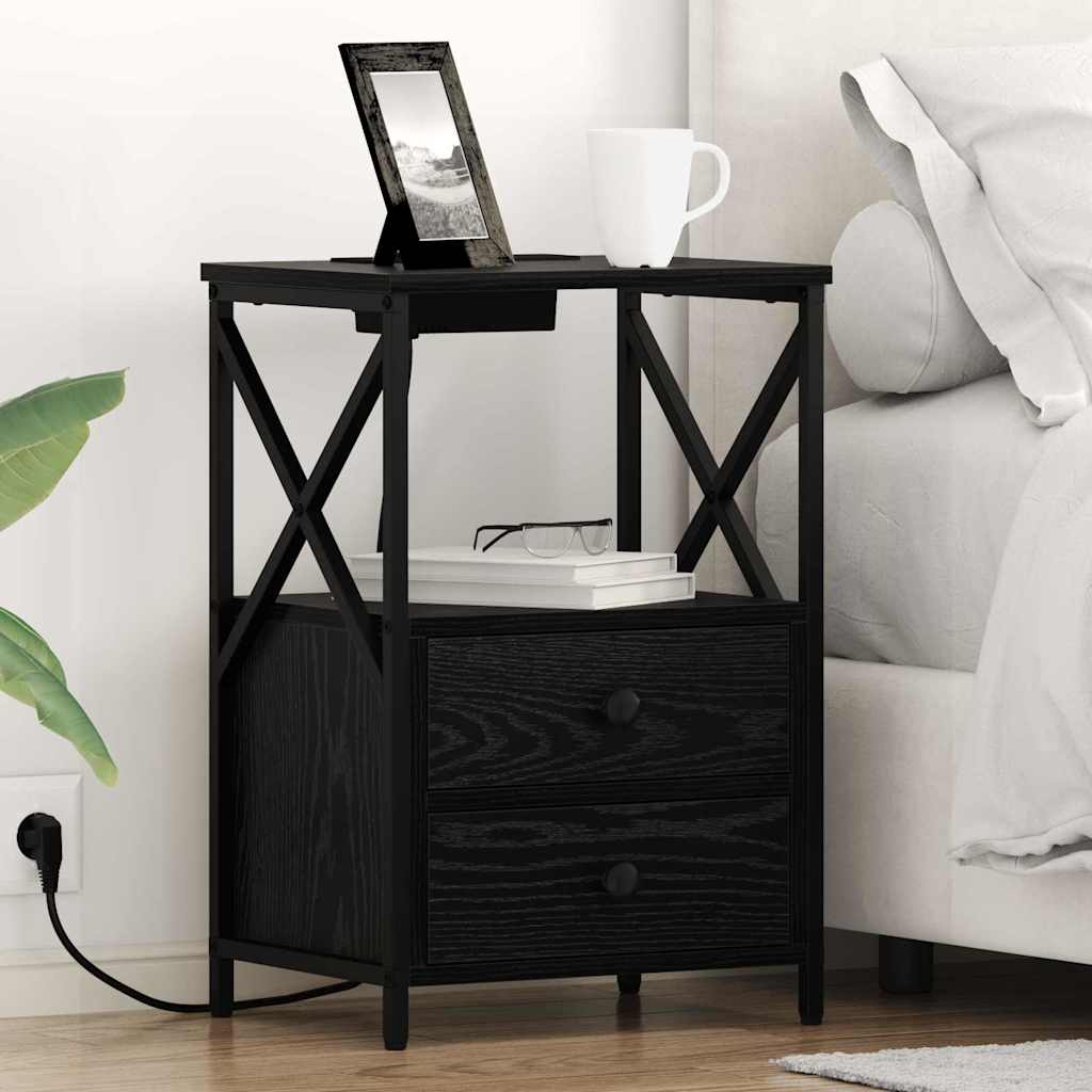 vidaXL Cabinet de noptiere cu stație de încărcare cu raft Stejar negru