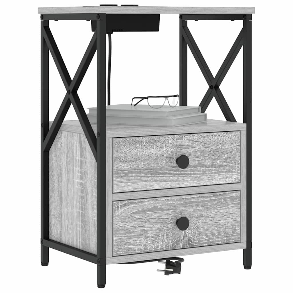 vidaXL Nachtkastje met Oplaadstation 2 pcs Grijs sonoma Bewerkt hout