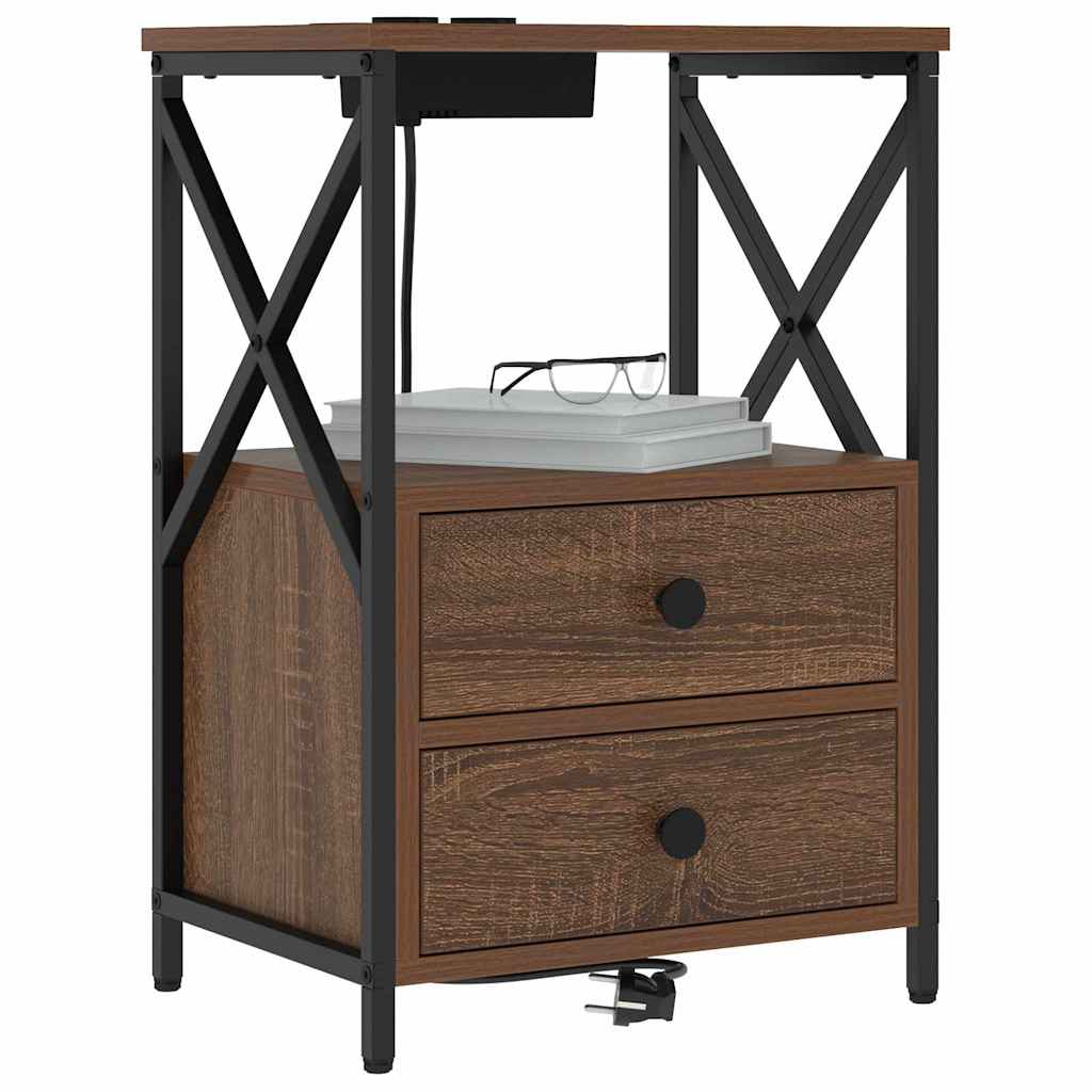 vidaXL Nachtkastje met Oplaadstation met lade 2 pcs bruin eikenkleur
