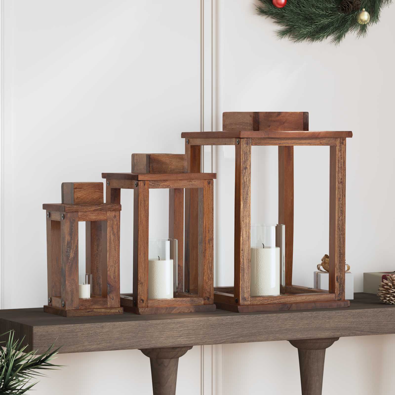 vidaXL Felinar 3 pcs natural Lemn de mahon