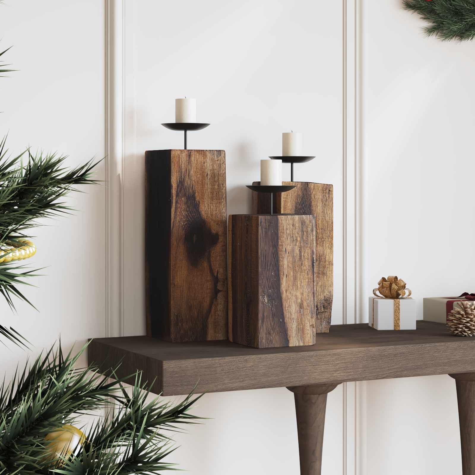 vidaXL Kaarsenhouder 3 pcs Naturel Massief gerecycled hout