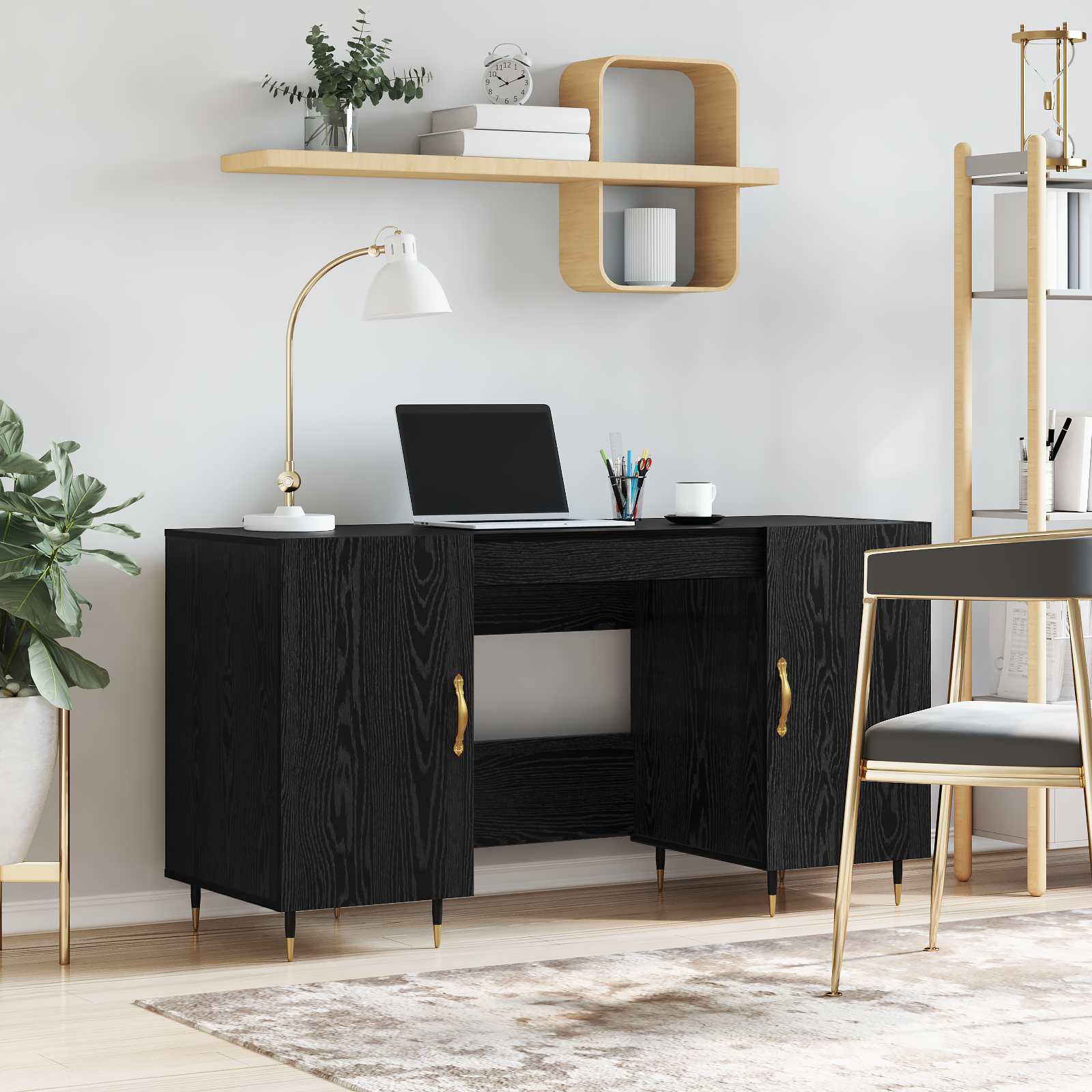 Pöytä hyllyllä ovella Musta tammi 140 x 50 x 75 cm Tekninen puu