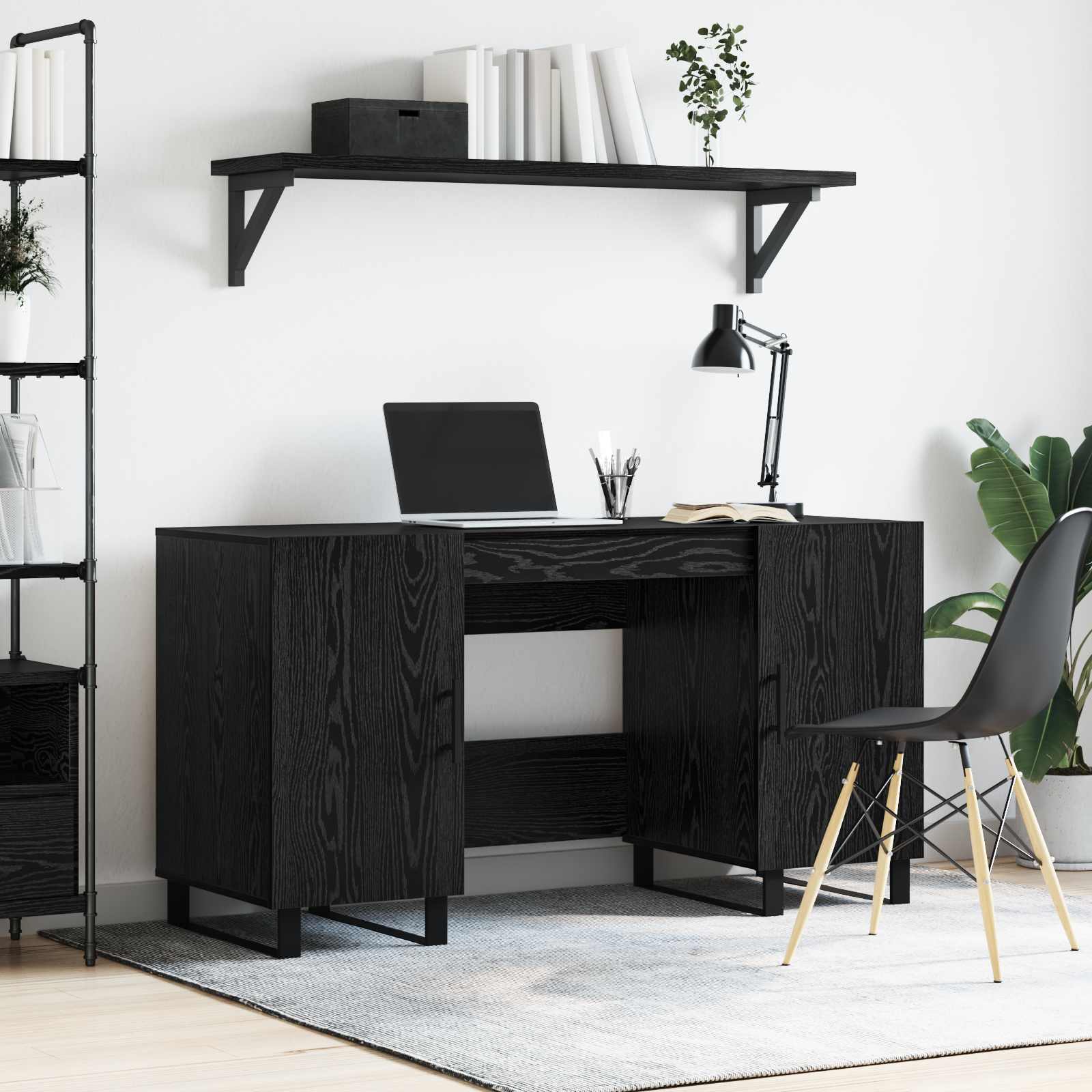 Bureau met plank Zwart eiken 140 x 50 x 75 cm Bewerkt hout