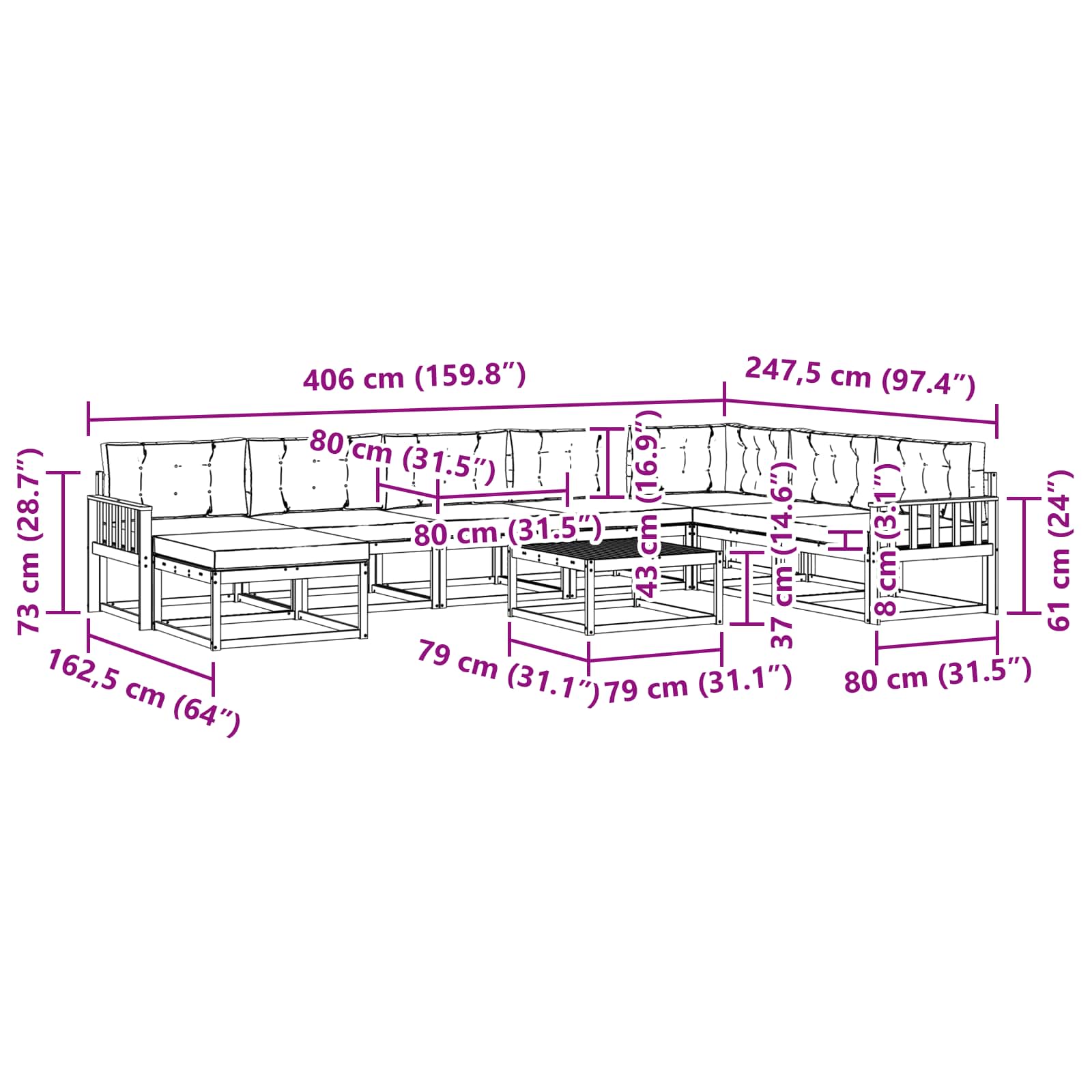 Zunanja garnitura za sedenje 9 pcs Bela in antracit - slika 8