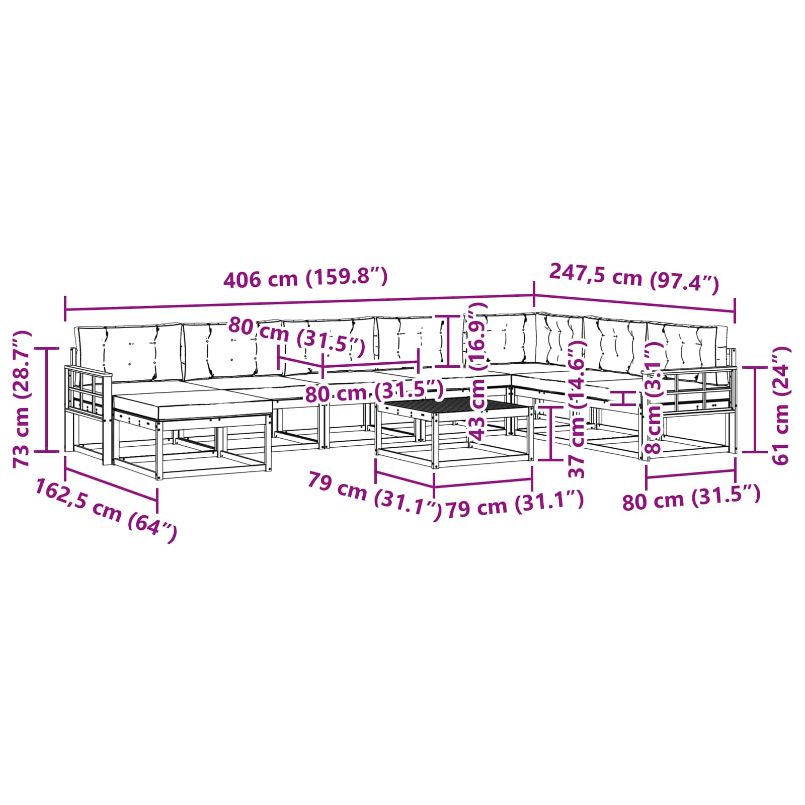 Zunanja garnitura za sedenje 9 pcs Bela in bež - slika 8