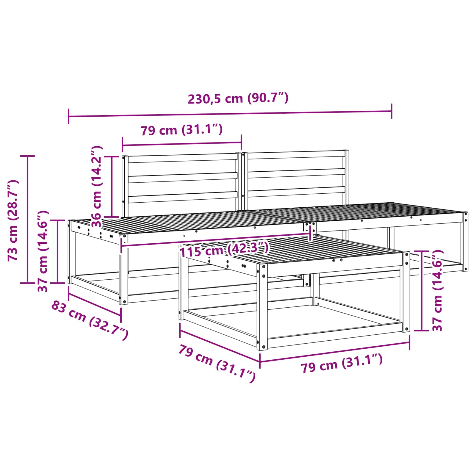 Buiten bankenset Wit 79 x 79 x 37 cm Massief Acaciahout image 8