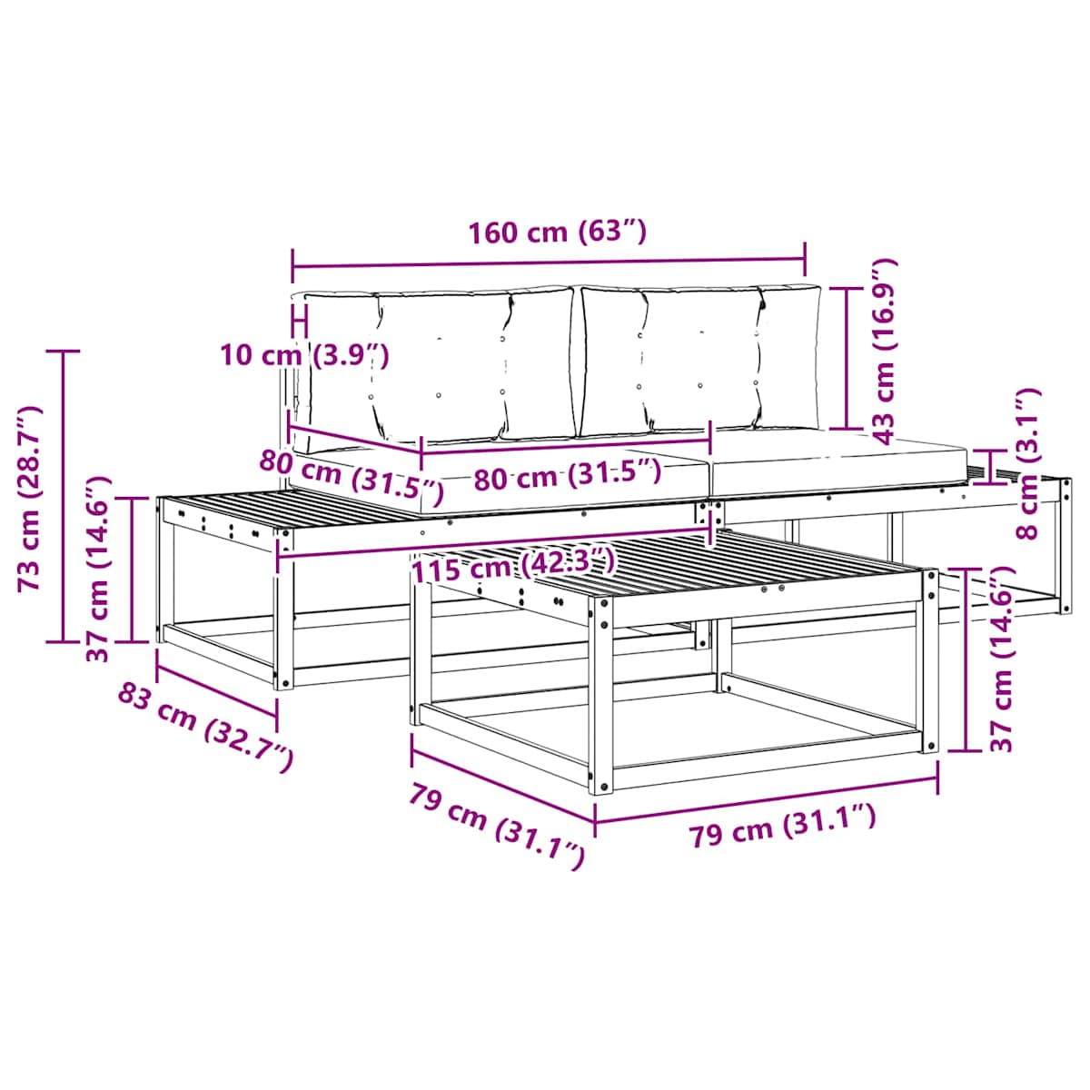 Udendørs sofagruppe 3 stk. 2-personers Polyester - Billede 10