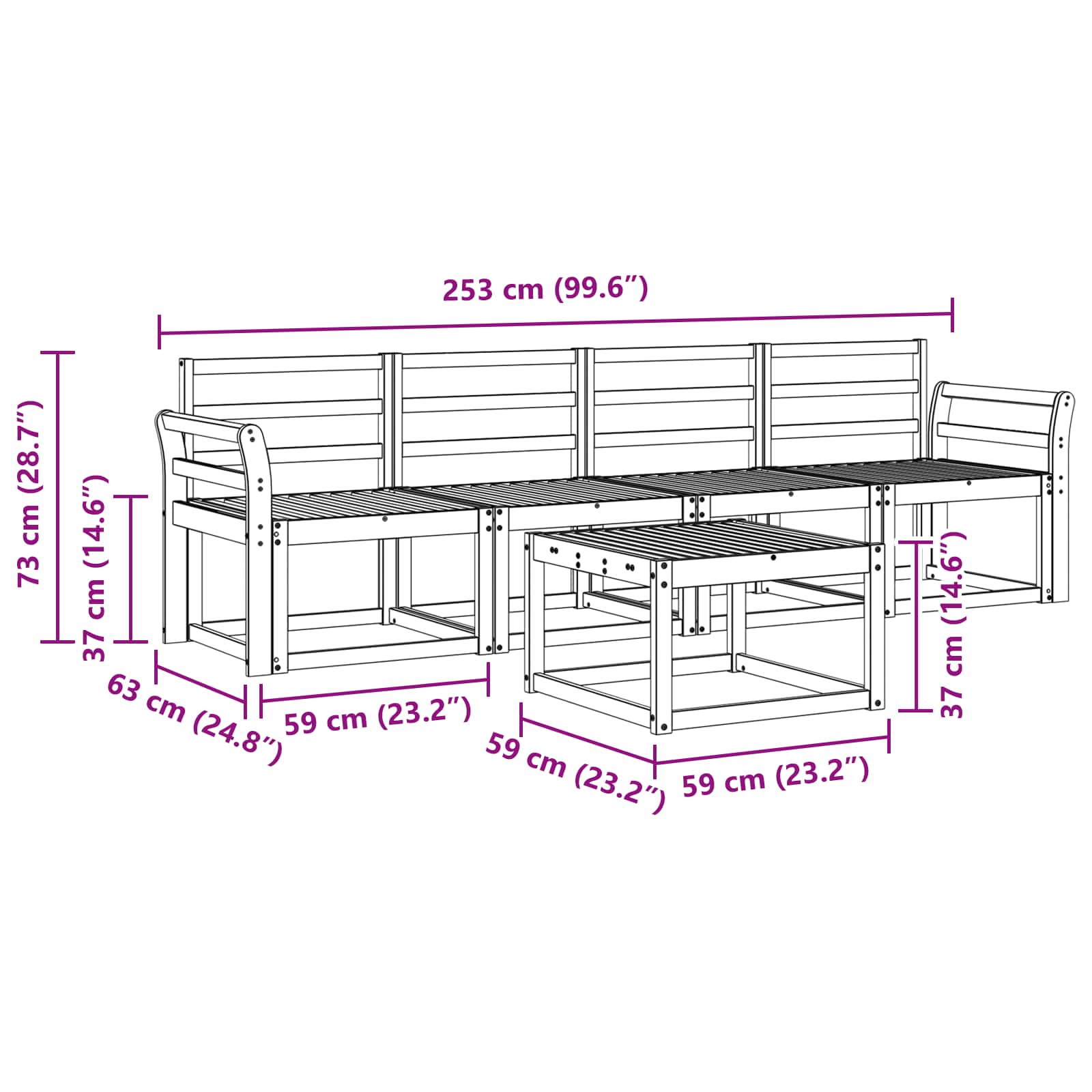 Buiten bankenset 5 pcs Wit 59 x 59 x 37 cm Massief Acaciahout image 7