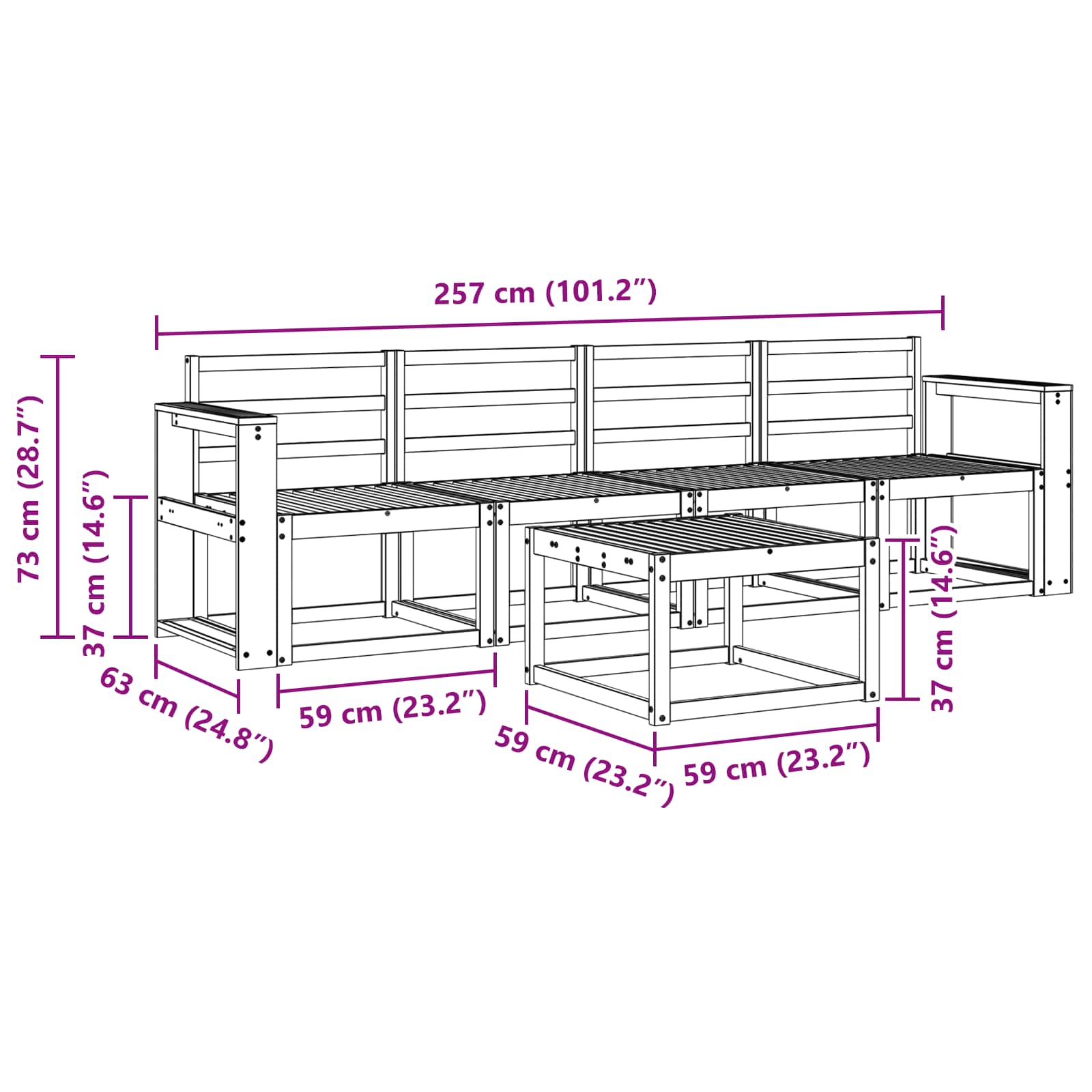 Buiten bankenset 5 pcs Wit 59 x 59 x 37 cm Massief Acaciahout image 7