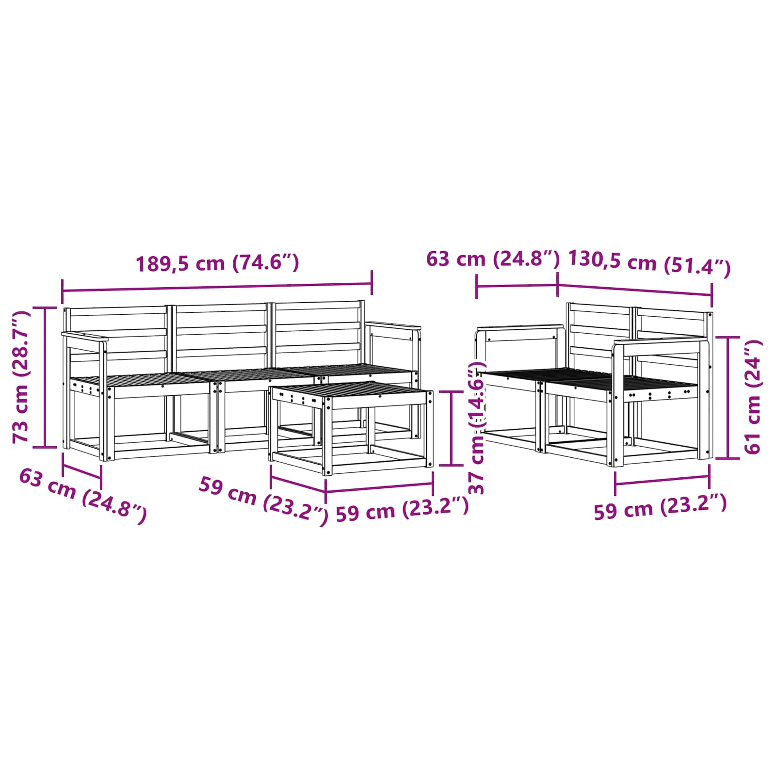 Buiten bankenset 6 pcs Wit 59 x 59 x 37 cm Massief Acaciahout image 6
