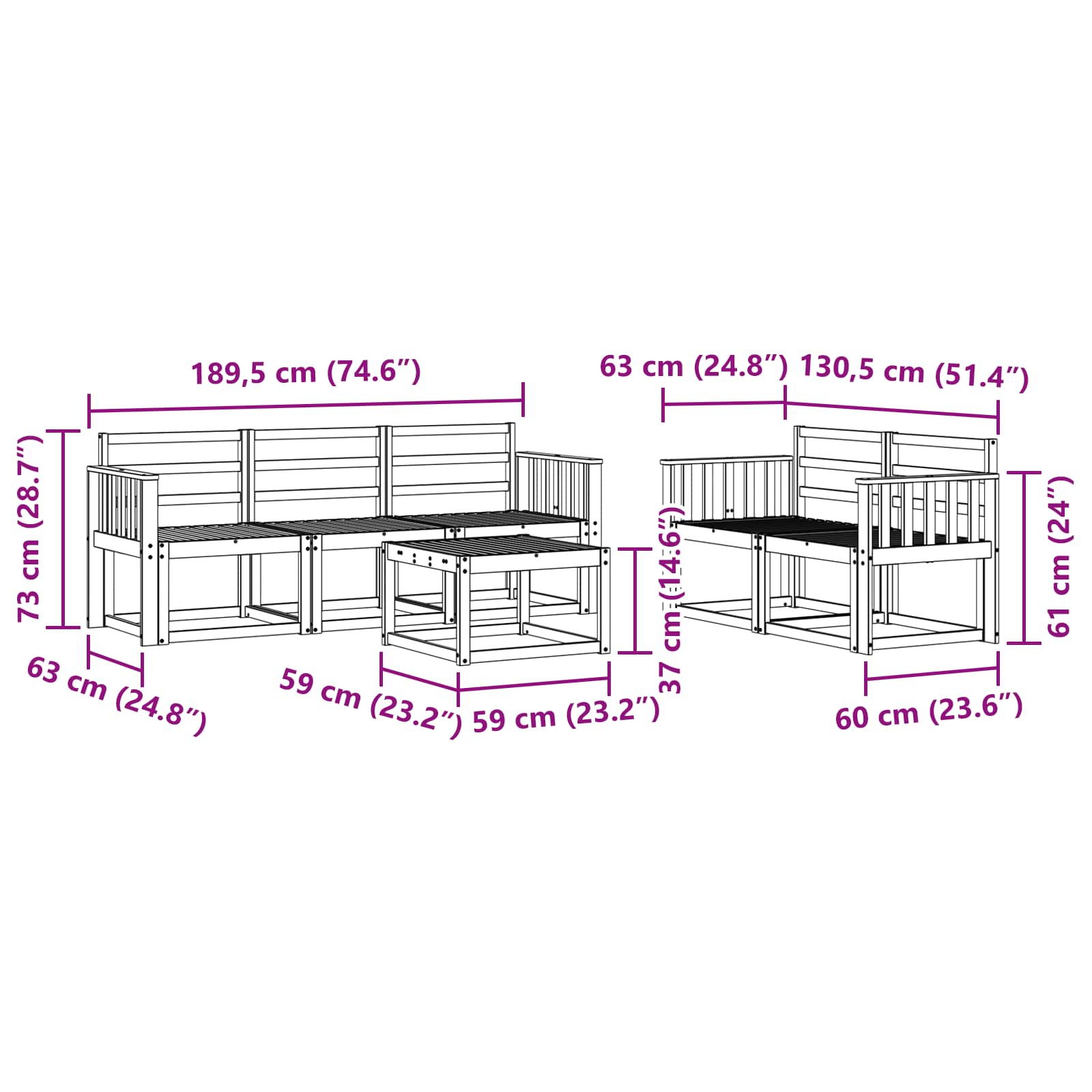 Buiten bankenset 6 pcs Wit 59 x 59 x 37 cm Massief Acaciahout image 6