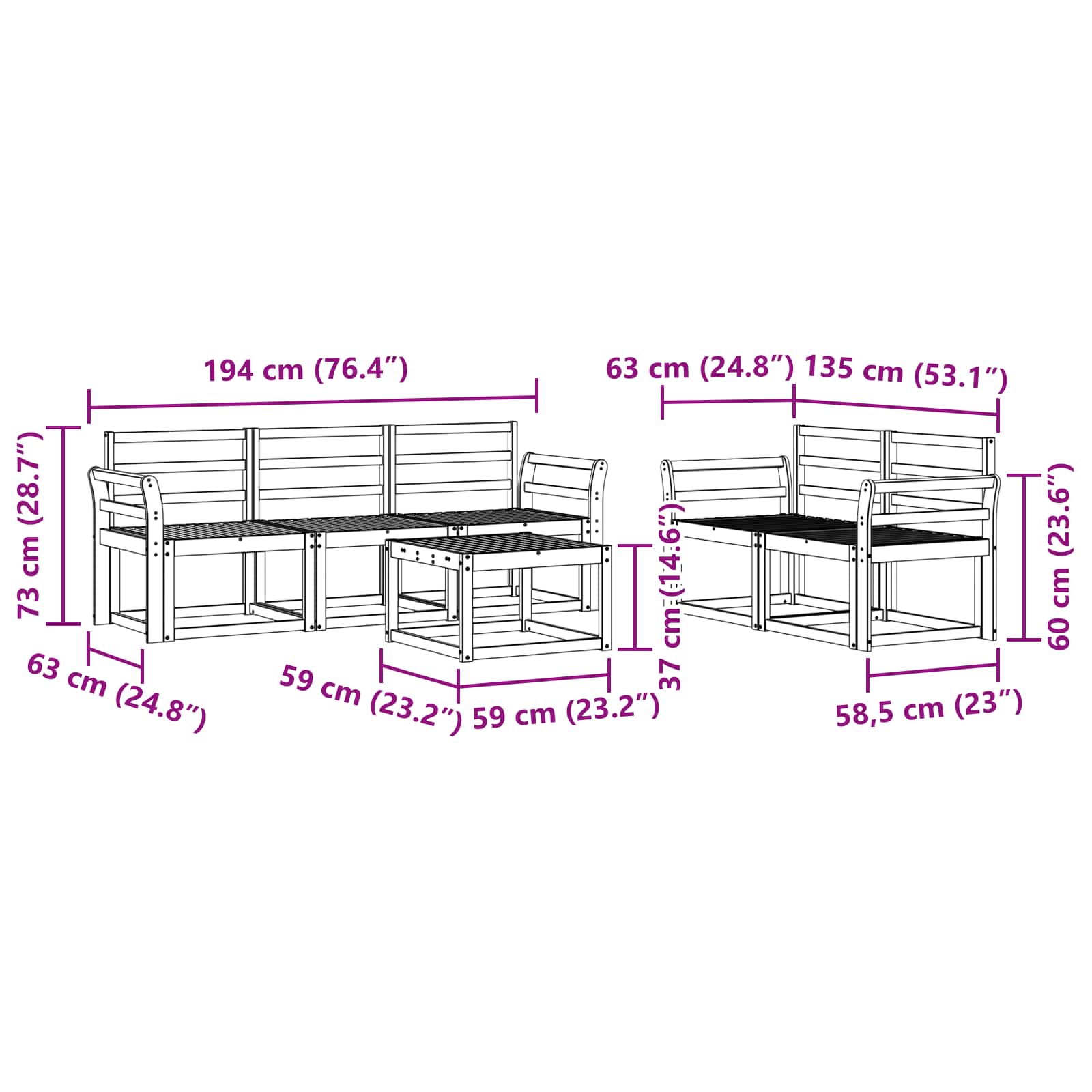 Buiten bankenset 6 pcs Wit 59 x 59 x 37 cm Massief Acaciahout image 6
