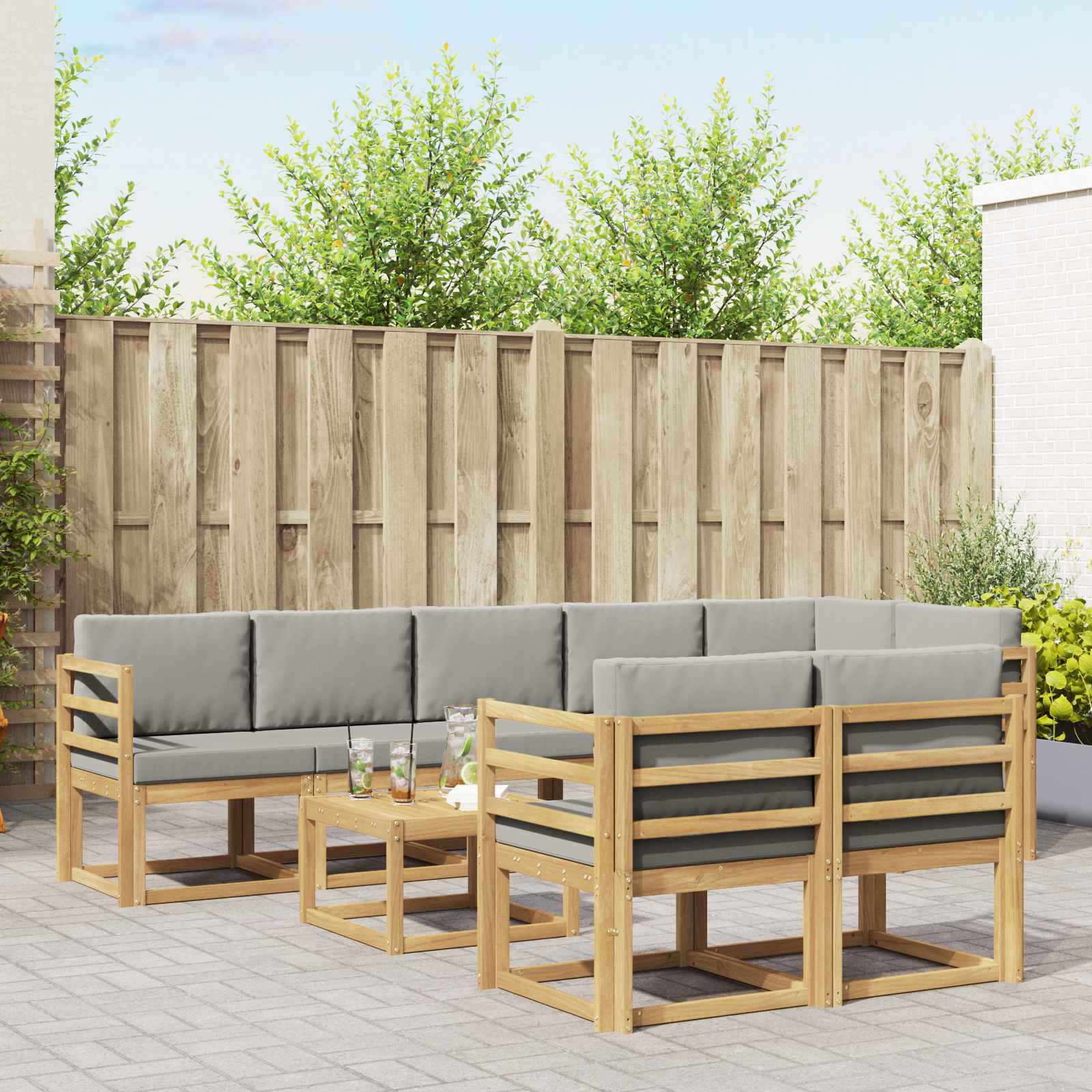 Udendørs sofagruppe i akacietræ - 9 dele, hvid/lysegrå, modulopbygget