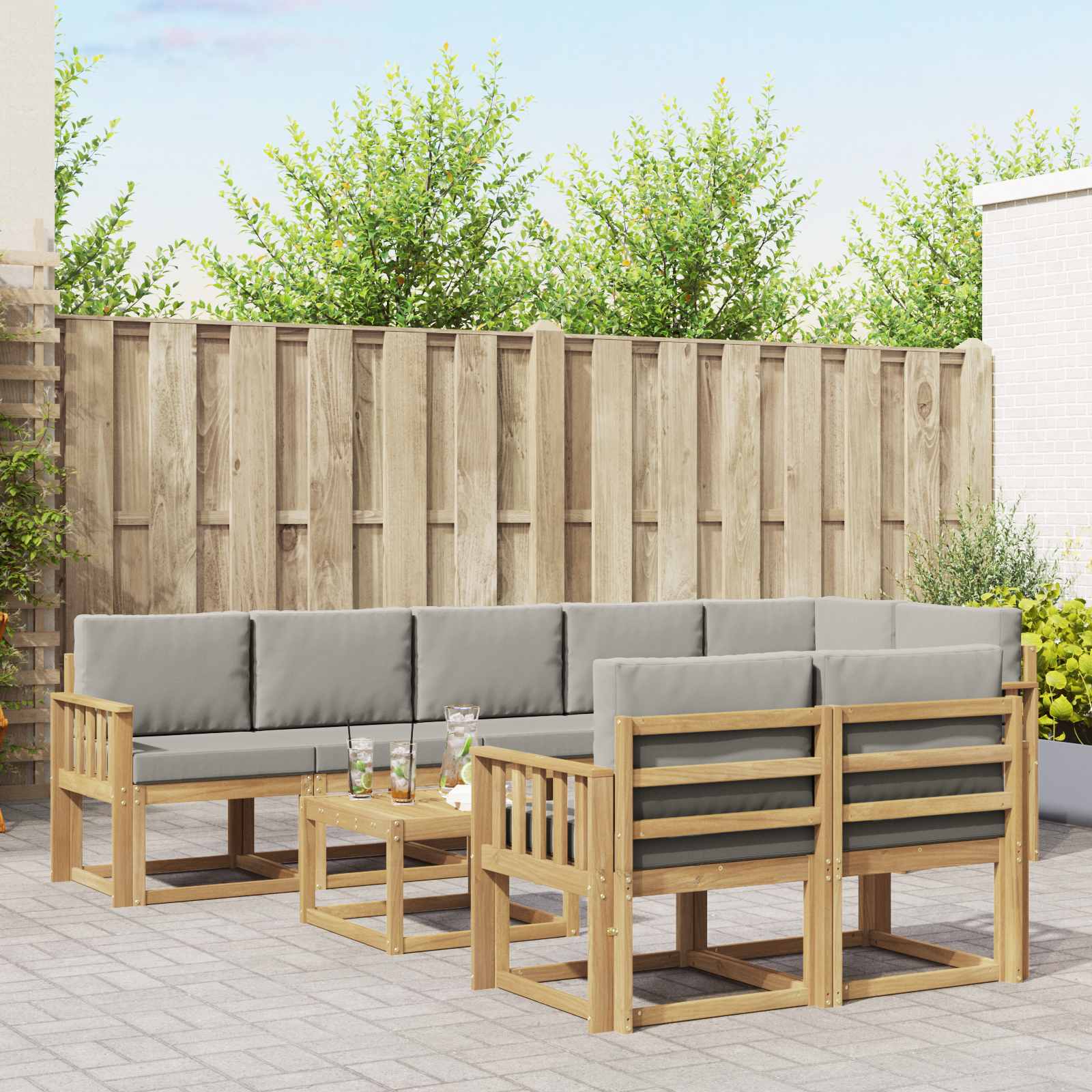 Udendørs sofagruppe i akacietræ - 9 dele, hvid/lysegrå, modulopbygget