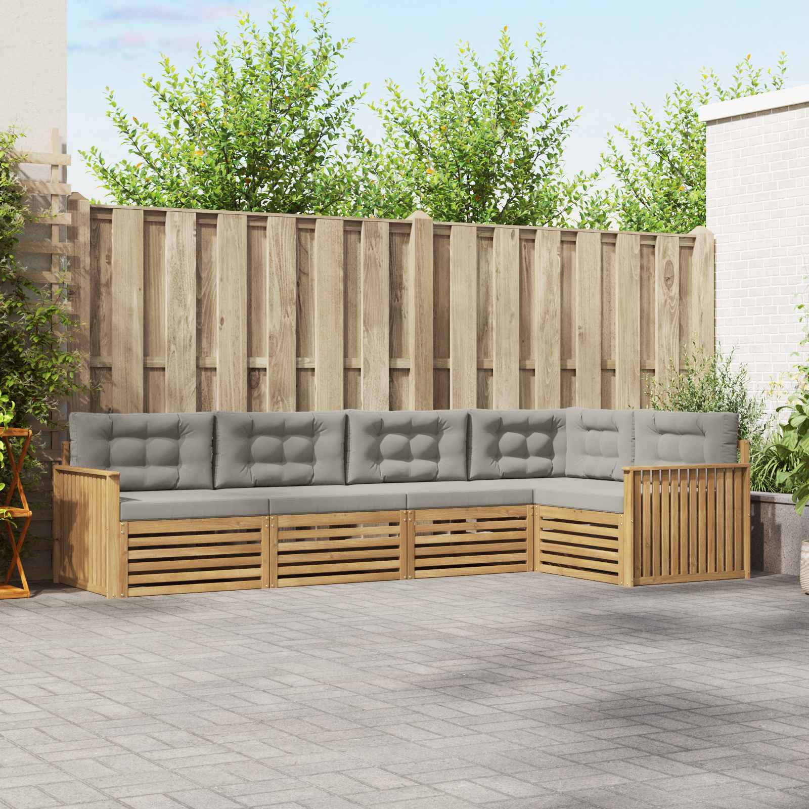 Udendørs sofagruppe i akacietræ - 5-pers. modulsofa, hvid/lysegrå, 327 × 168,5 × 73 cm