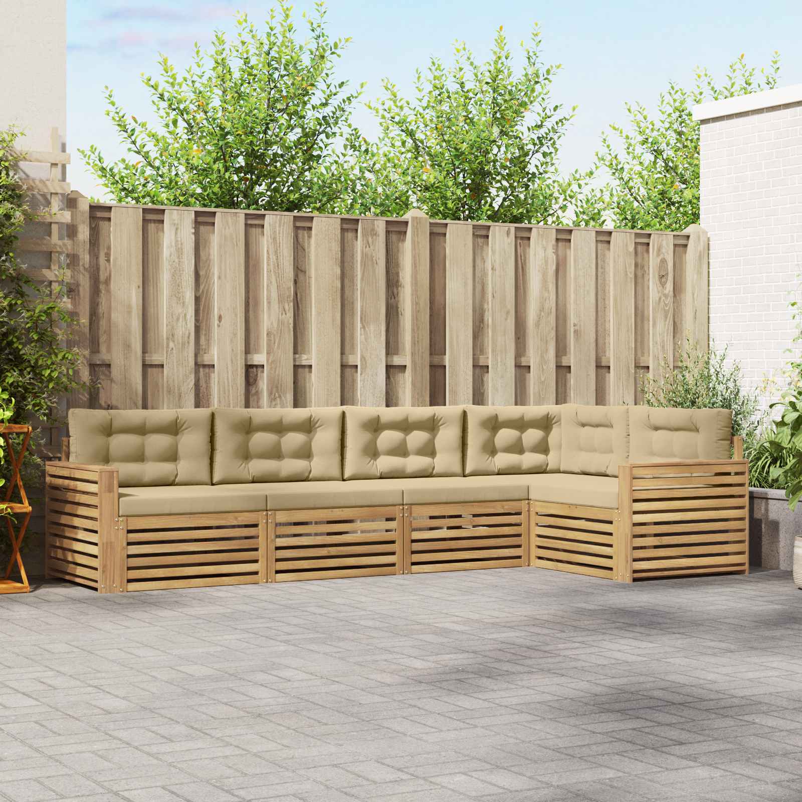 Udendørs sofagruppe i akacietræ - 5 pers., hvid/beige, 331 × 172,5 × 73 cm