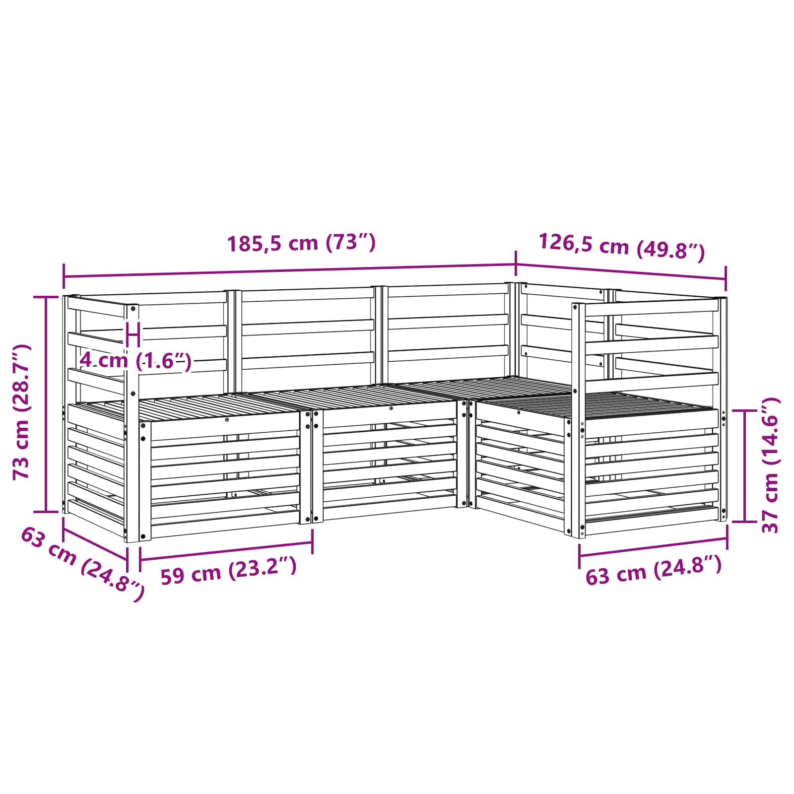 Sofa-Sets 4 pcs Wit 185,5 x 126,5 x 73 cm Massief Acaciahout image 6