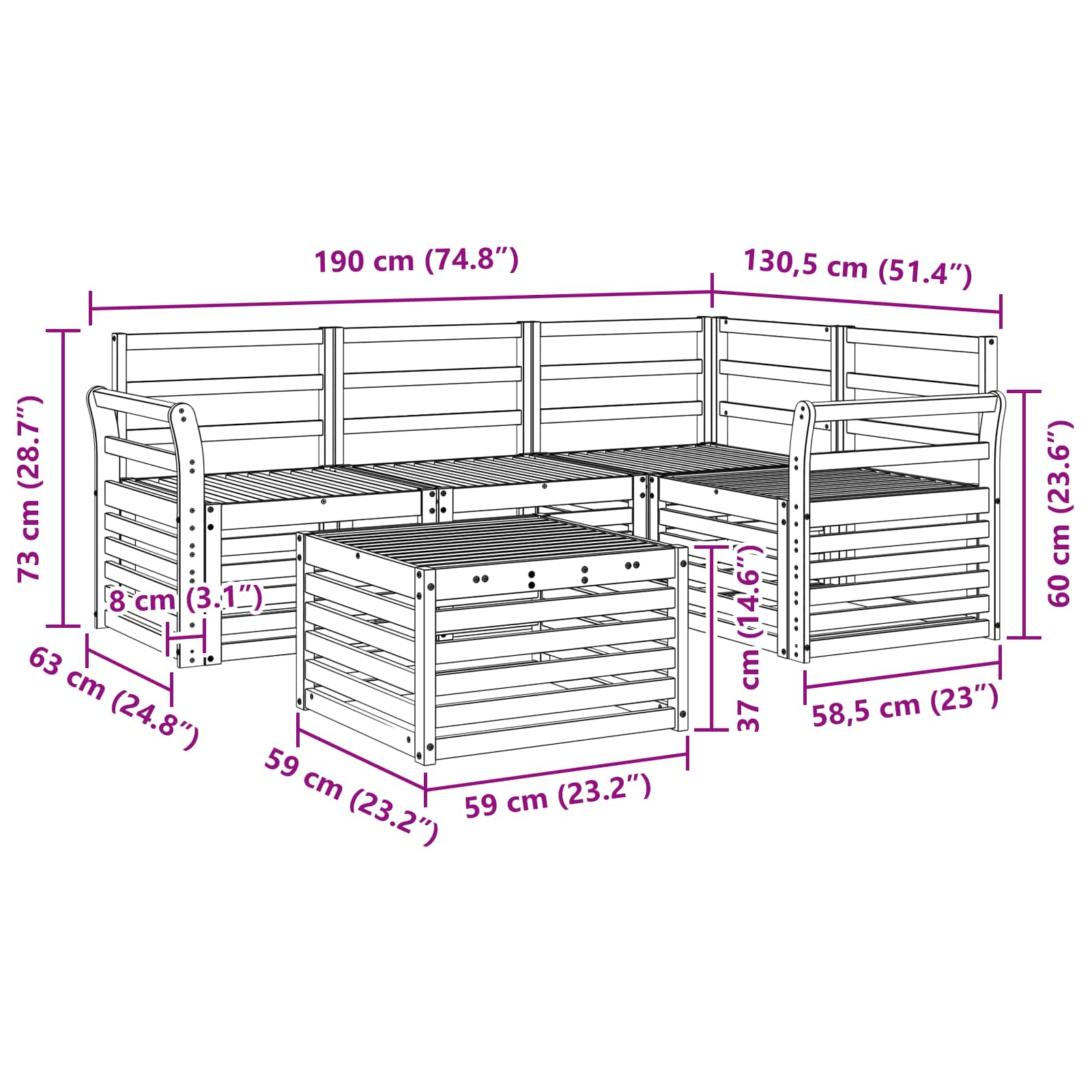 Buiten bankenset 5 pcs Wit 59 x 59 x 37 cm Massief Acaciahout image 8
