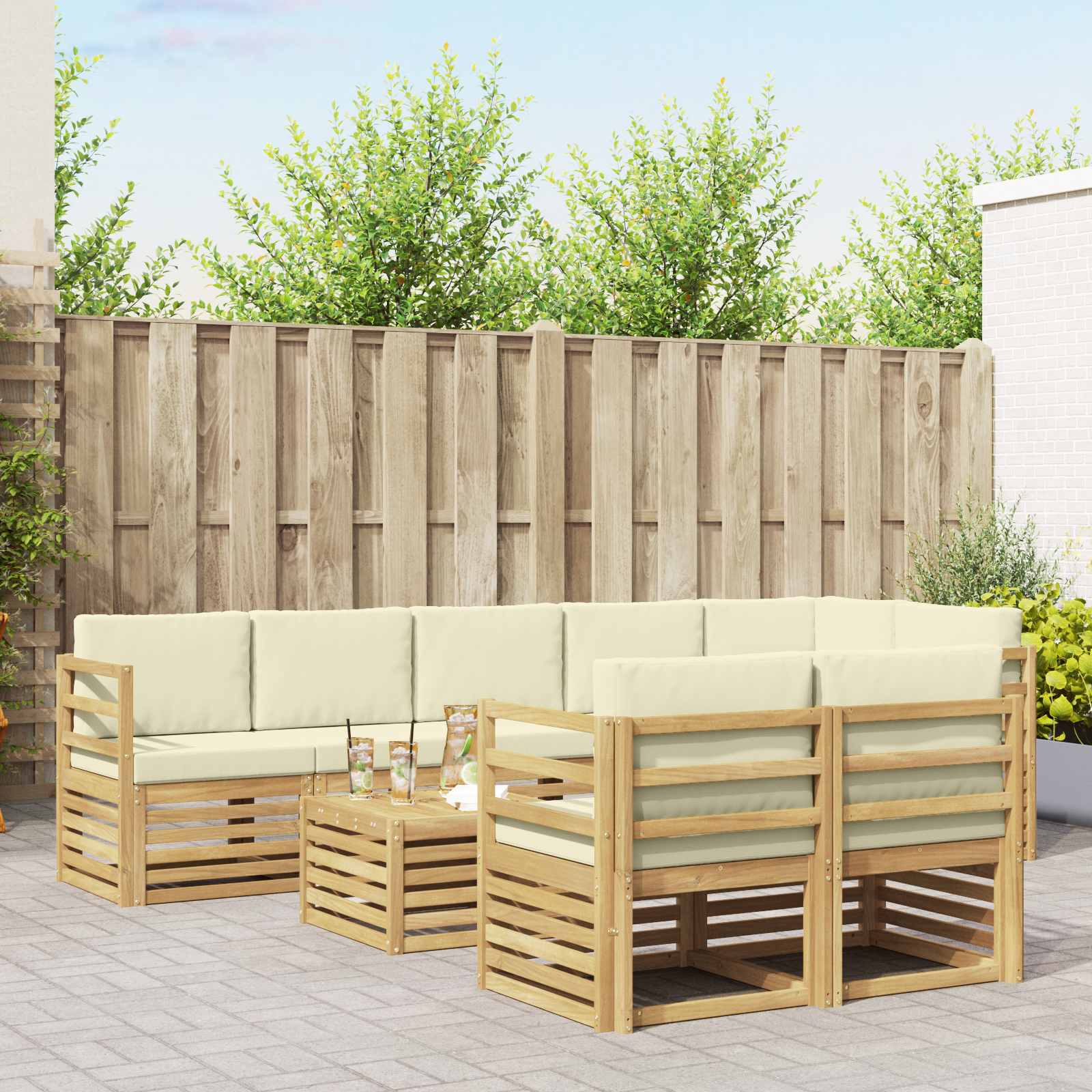 Sofa-Sets 9 pcs Wit en crèmekleurig Massief Acaciahout image 1