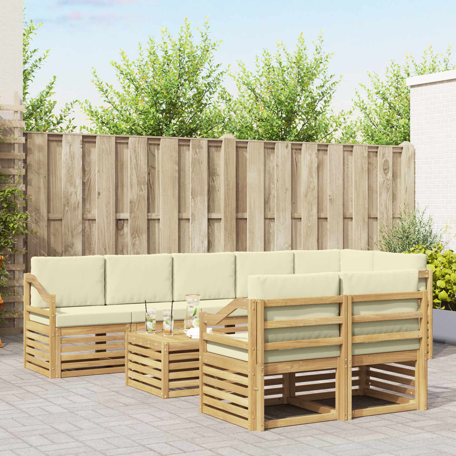 Sofa-Sets 9 pcs Wit en crèmekleurig Massief Acaciahout image 1