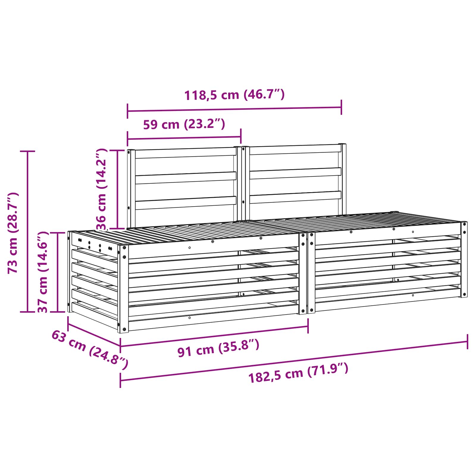 Outdoor-Sofagarnitur 3 Stück Weiß 182,5 x 63 x 73 cm – Ansicht 6