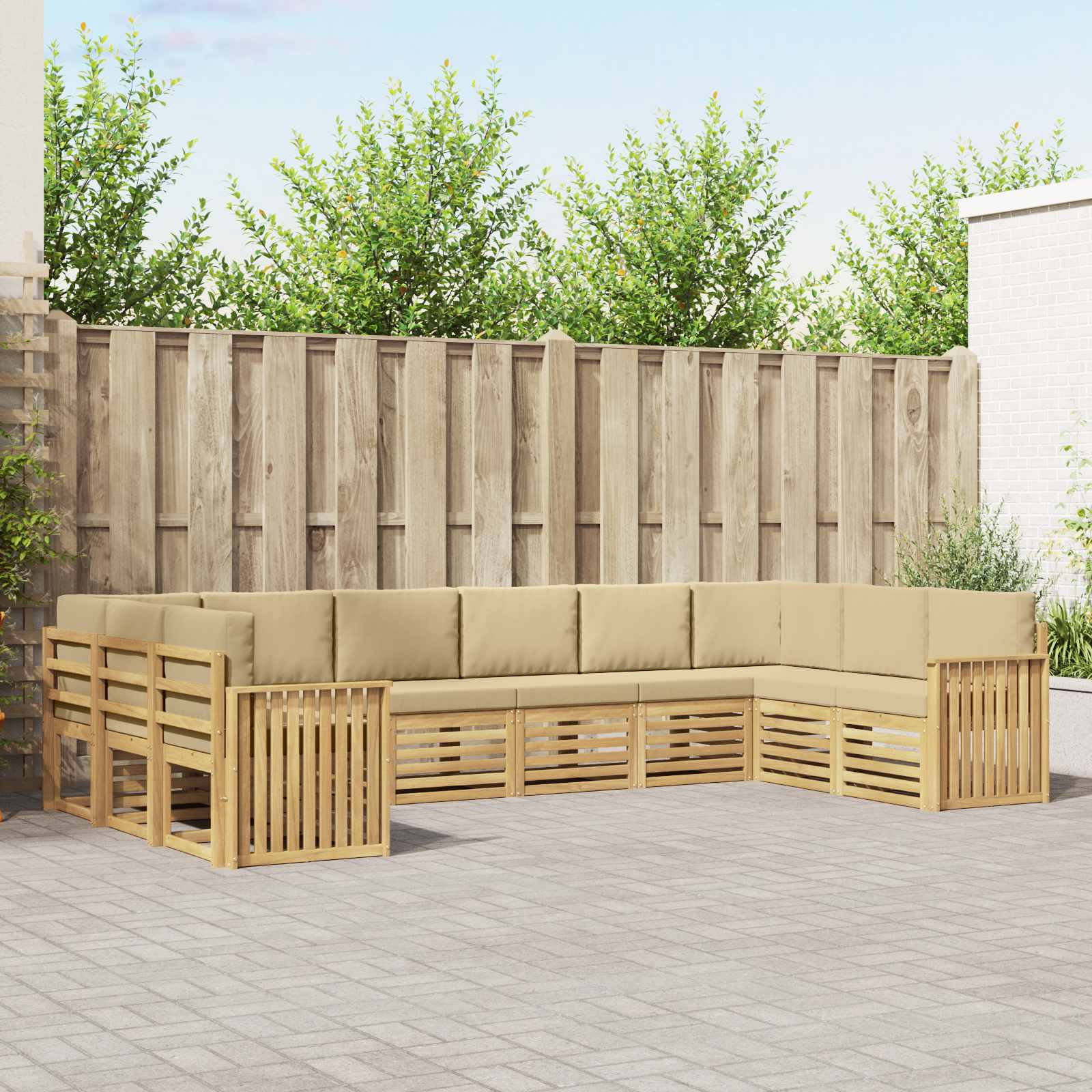 Udendørs sofagruppe i massivt akacietræ - 10 pers., hvid/beige, 363 × 187,5 × 73 cm