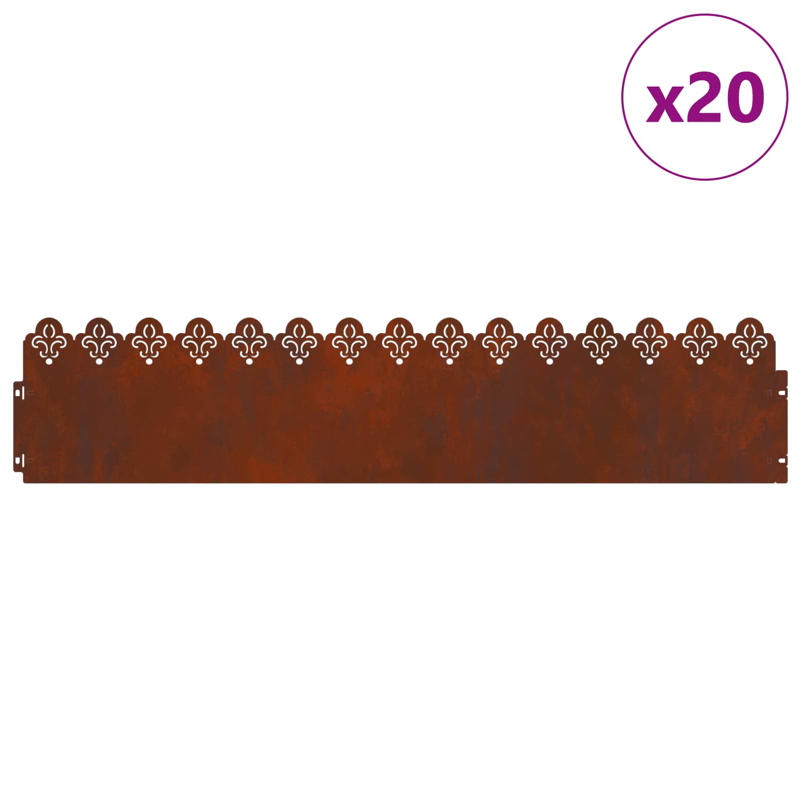 vidaXL Obrubníky trávnika 20 ks 103 x 0,05 x 22 cm Hrdzavý