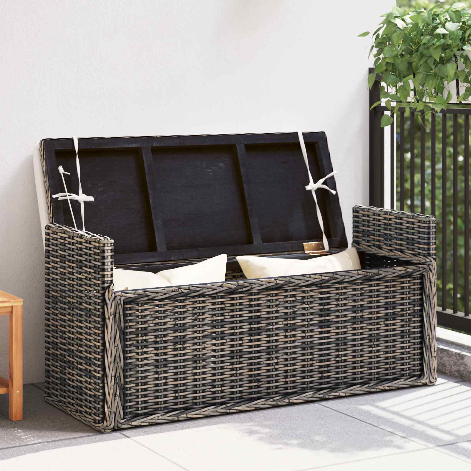 vidaXL Opslagbank met kussen Zwart gewassen 110 x 40 x 50 cm Rattan