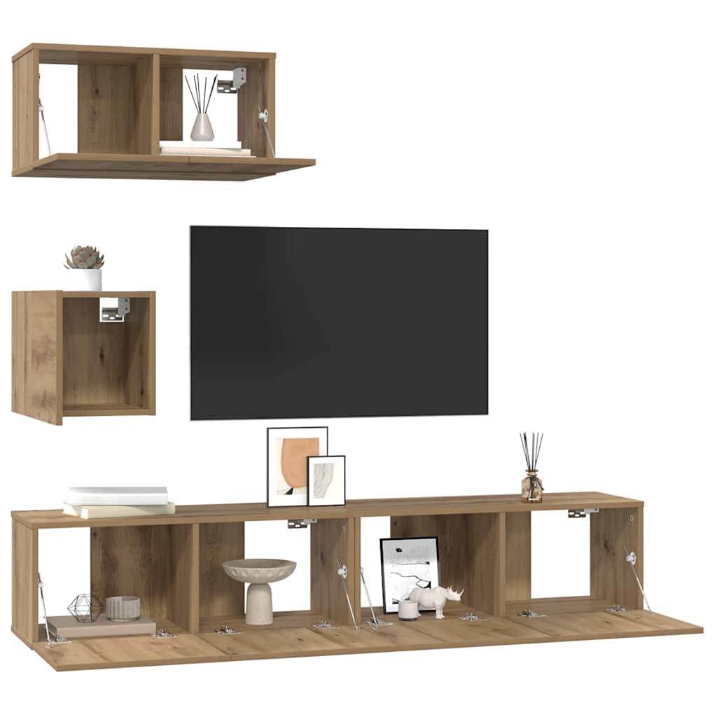vidaXL Tv-meubelset met plank Wandgemonteerd met opslag met de deur 4 pcs artisanaal eikenkleurig