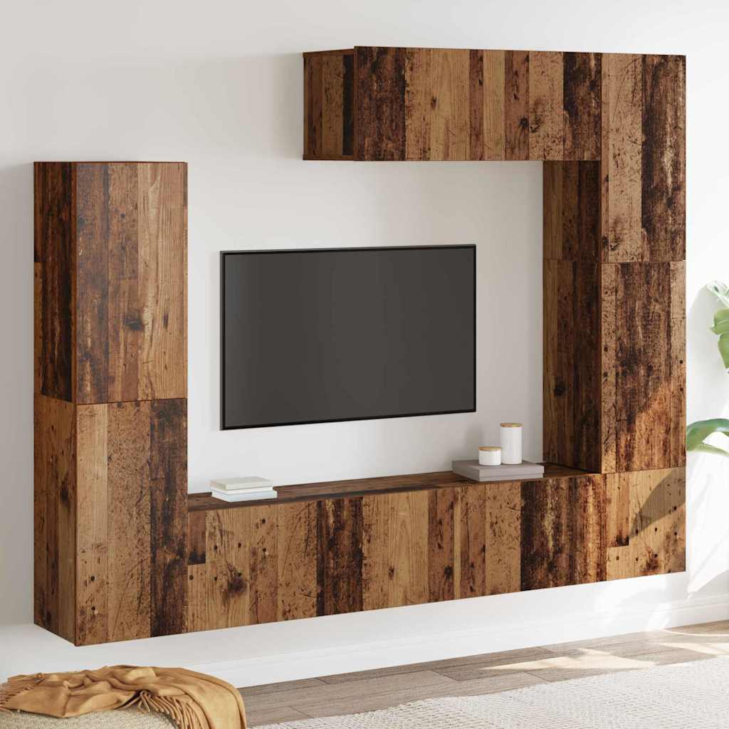 7-teiliges TV-Schrank-Set, Wandmontiert, Altholz, Ingenieurholz