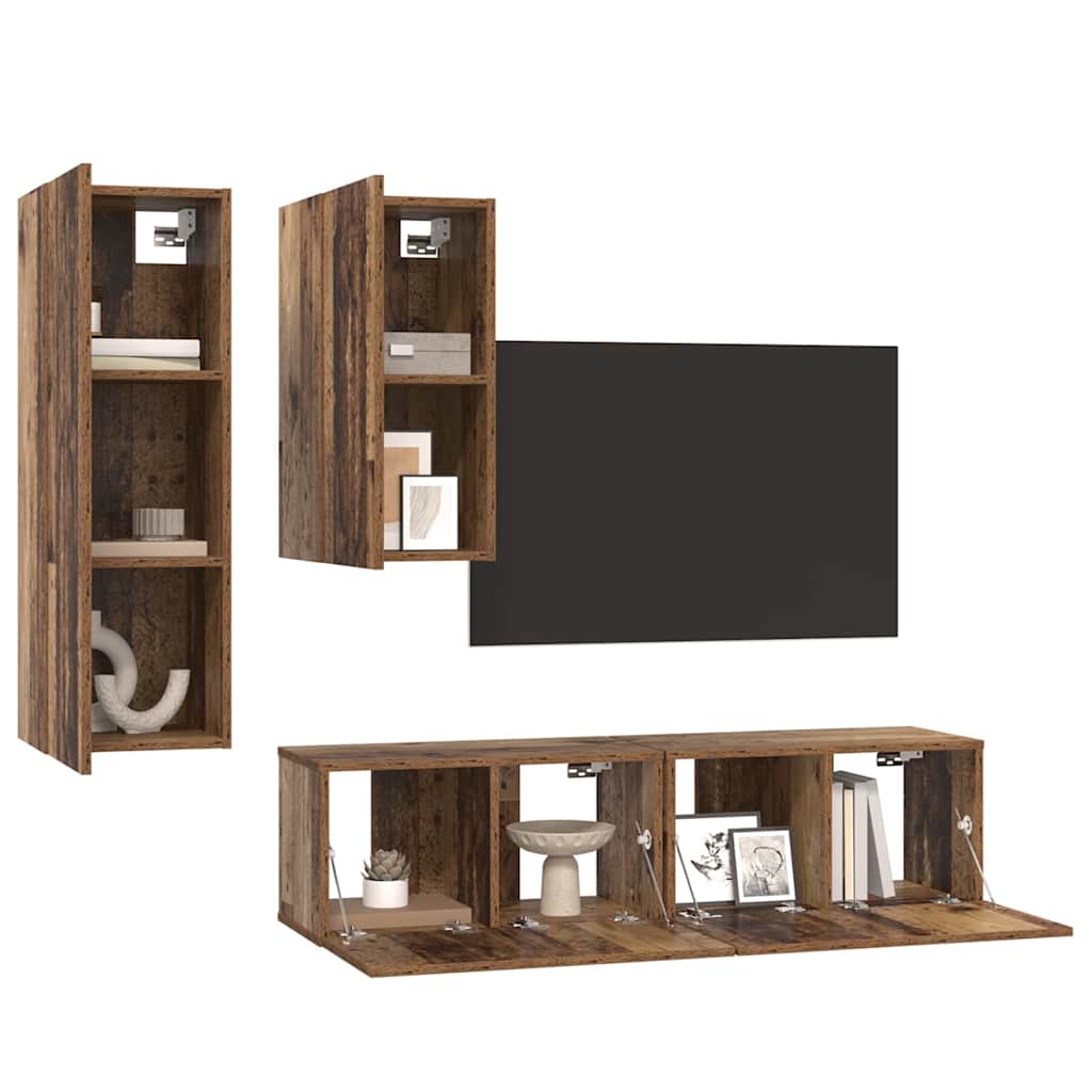 vidaXL Tv-meubelset met plank Wandgemonteerd met opslag met de deur 4 pcs Oud hout 30.5 x 30 x 90 cm