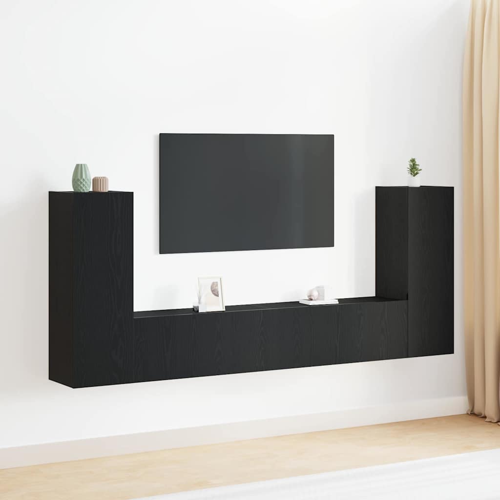 vidaXL Set de 4 Piese pentru Cabinet TV - Montat pe Perete, Stejar Negru, Lemn Stratificat