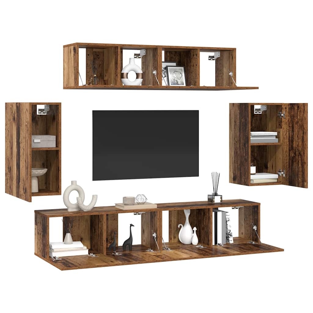 vidaXL Tv-meubelset Wandgemonteerd met opslag met de deur 6 pcs Oud hout Medium