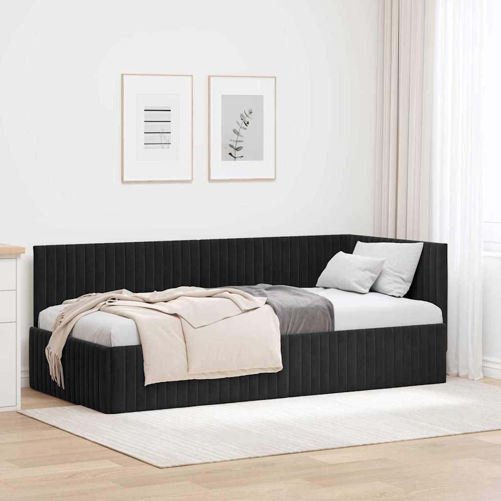 Paturi & cadre pat - Cadru de pat colțar cu headboard Negru 90 x 190 cm Catifea