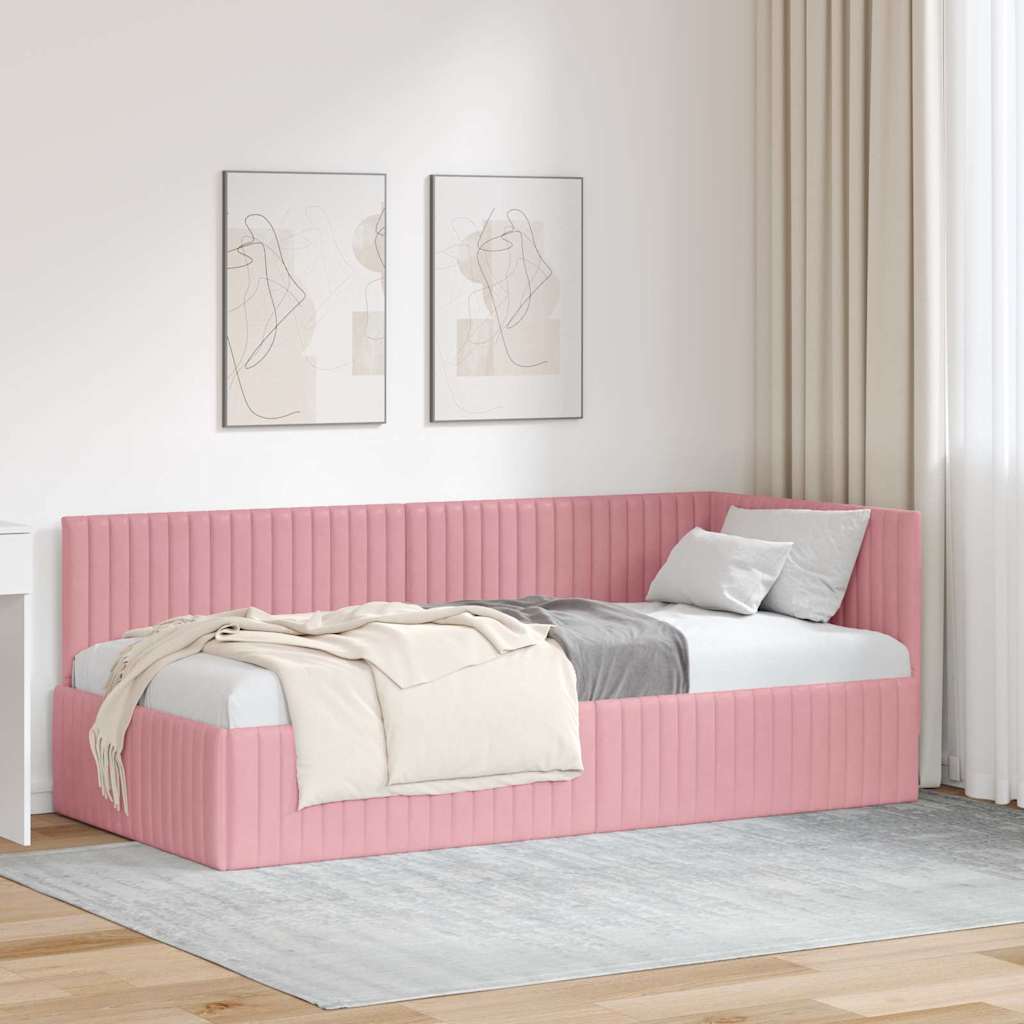 Paturi & cadre pat - Cadru de pat colțar cu headboard Roz 90 x 200 cm Catifea