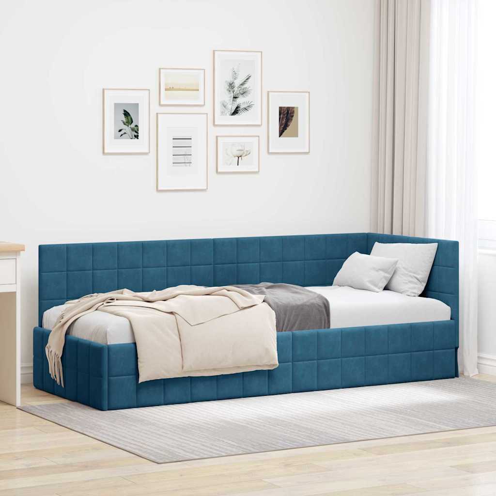 Paturi si accesorii - Cadru de pat colțar cu headboard albastru 80 x 200 cm Catifea