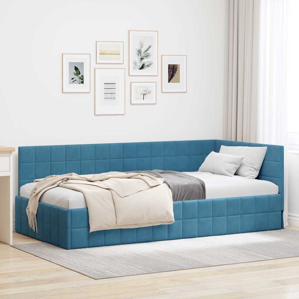 Paturi si accesorii - Cadru de pat colțar cu headboard albastru 100 x 200 cm Catifea