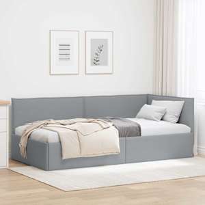 Rohový rám postele s čelo Světle šedá 90 x 200 cm textil - obrázek 1